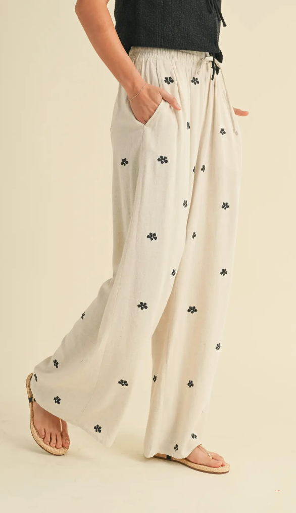 Oatmeal Floral Embroidery Linen Pants