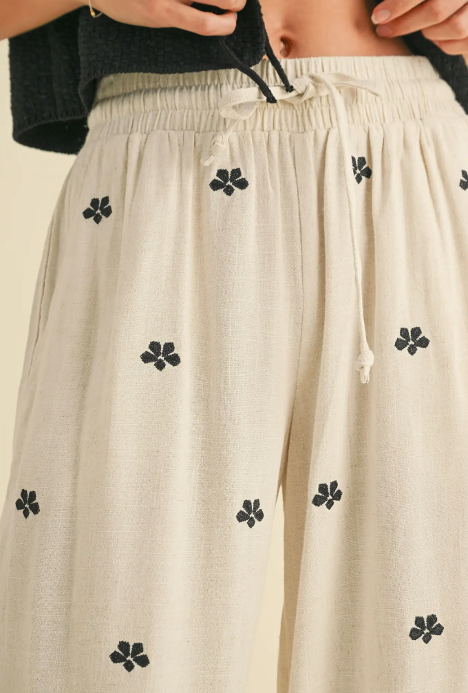 Oatmeal Floral Embroidery Linen Pants