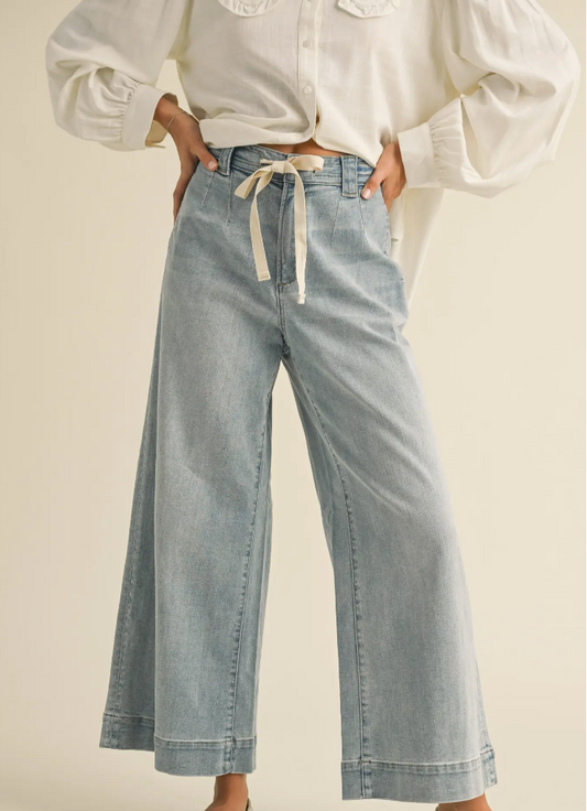 Washed Denim Tie Waist Pants