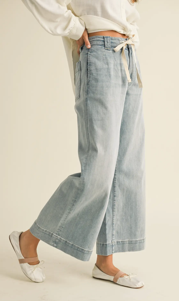 Washed Denim Tie Waist Pants