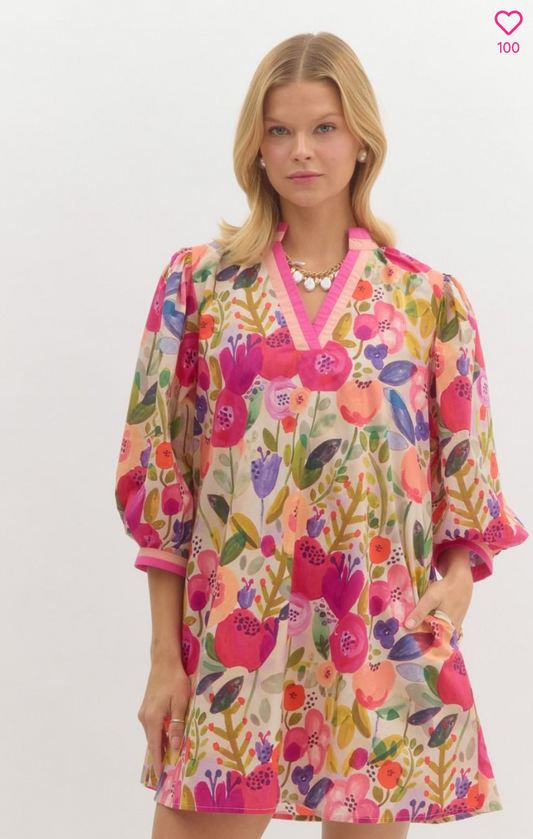 Spring Floral Elbow Sleeve Mini Dress