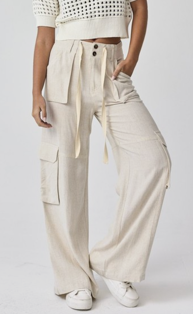 Khaki Wide Leg Cargo Pants