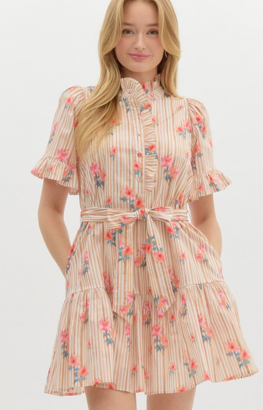 Taupe Stripe Floral Mini Dress