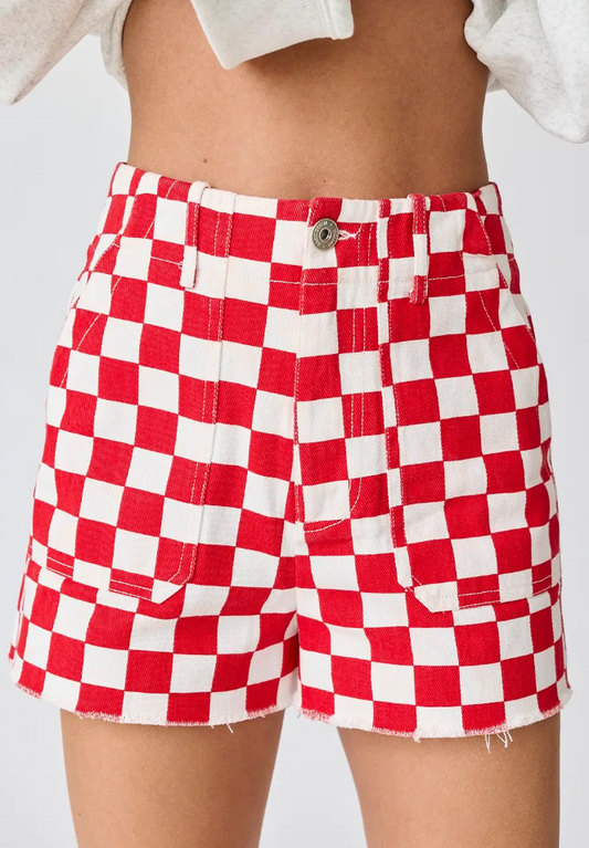 Red + White Checkered Denim Shorts