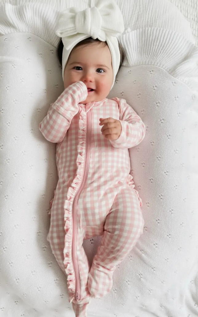 Spearmint Love Pink Gingham Ruffle Onesie