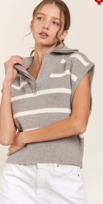 Sleeveless Taupe Stripe Zip Sweater