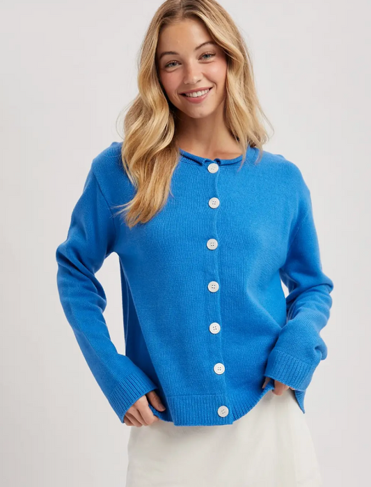 Blue Raw Edge Button Cardigan