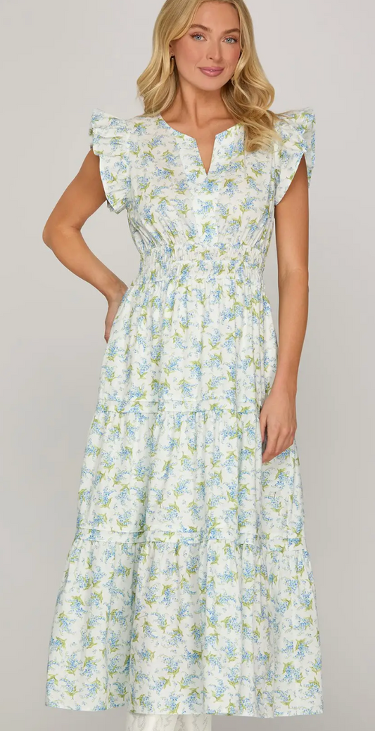 White Floral Ruffle Midi Dress