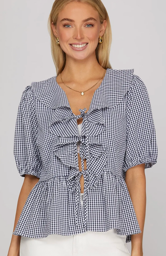 Navy Gingham Ruffle Tie Blouse