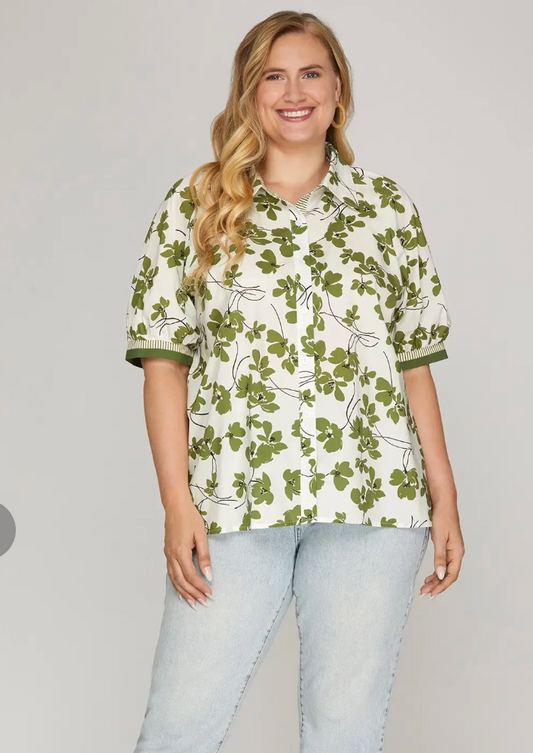 Cream + Green Floral Button Blouse