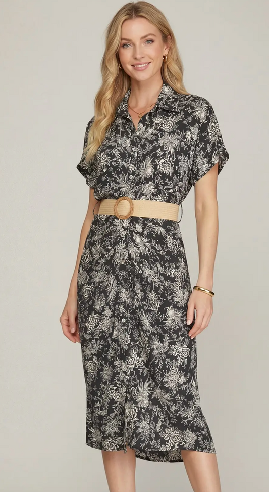Floral Navy Belted Midi Dress