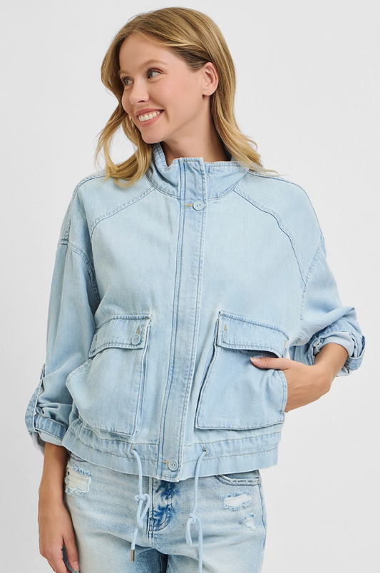 Light Wash Oversized Cargo Jean Jacket