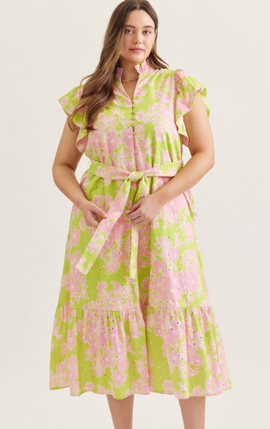 Lime Green + Pink Floral Midi Dress