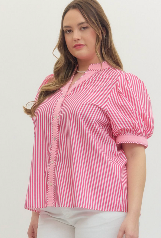 Hot Pink Stripe Elbow Sleeve Blouse
