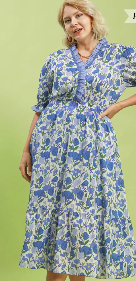 Blue Floral Abstract Midi Dress