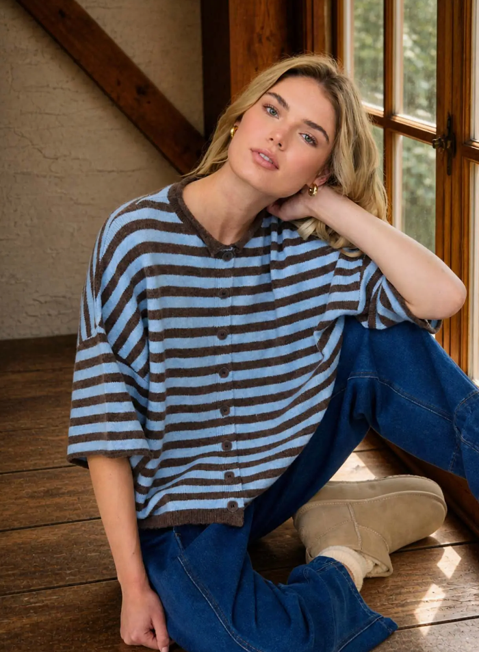 Brown + Blue Stripe Oversized Button Top