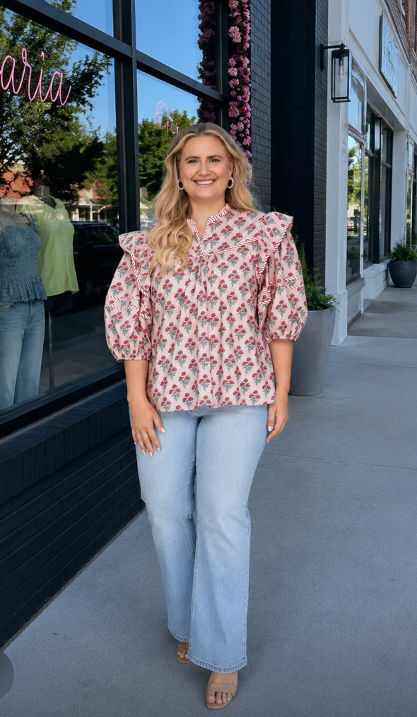 Pink Floral Half Sleeve Blouse