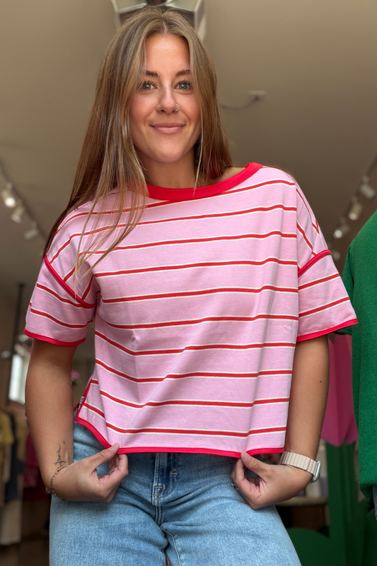 Pink + Red Stripe Boxy Tee
