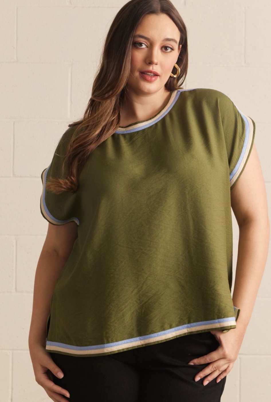 Olive + Color Trim SS Buttery Soft Blouse