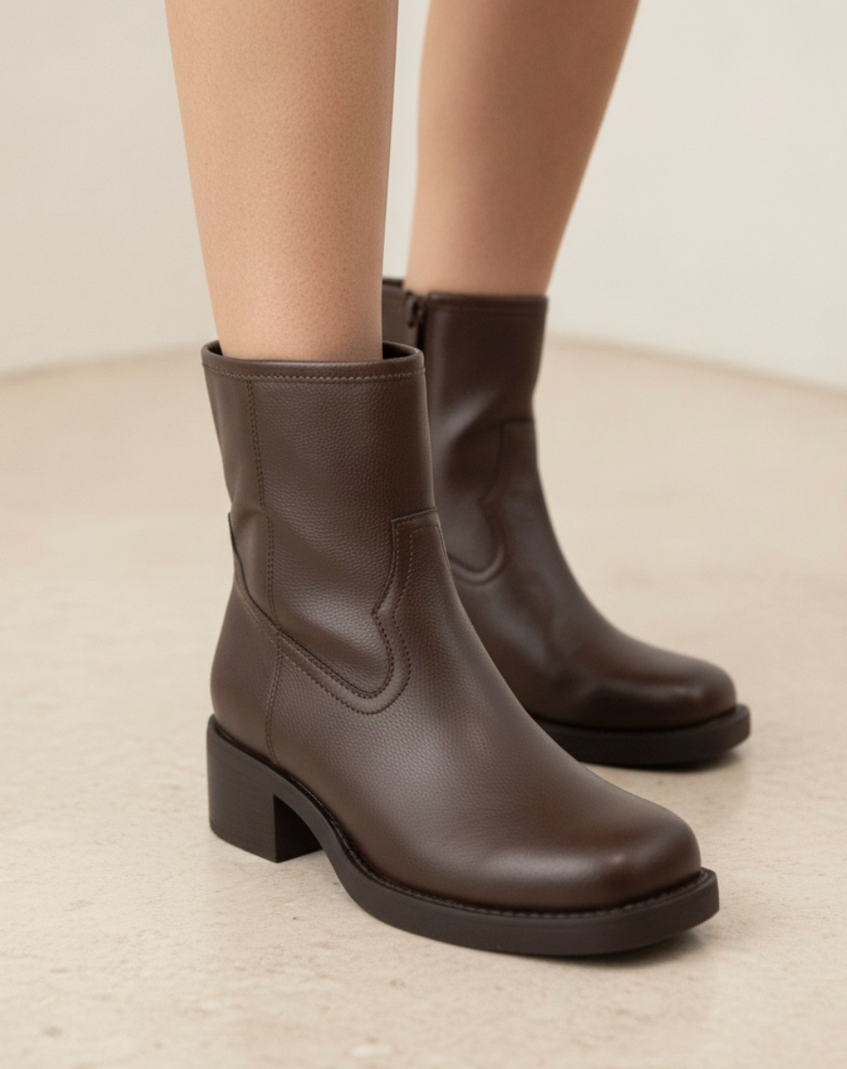 Brown Pleather Block Bootie
