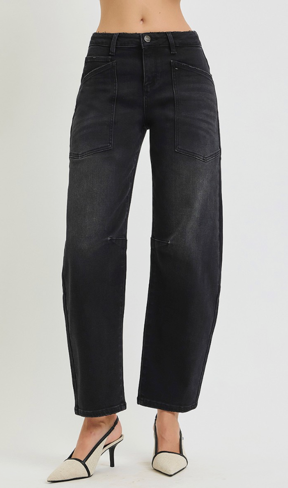 Risen Black Patchy Pocket Barrel Jeans