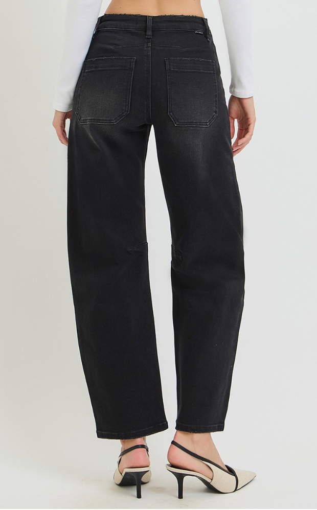 Risen Black Patchy Pocket Barrel Jeans