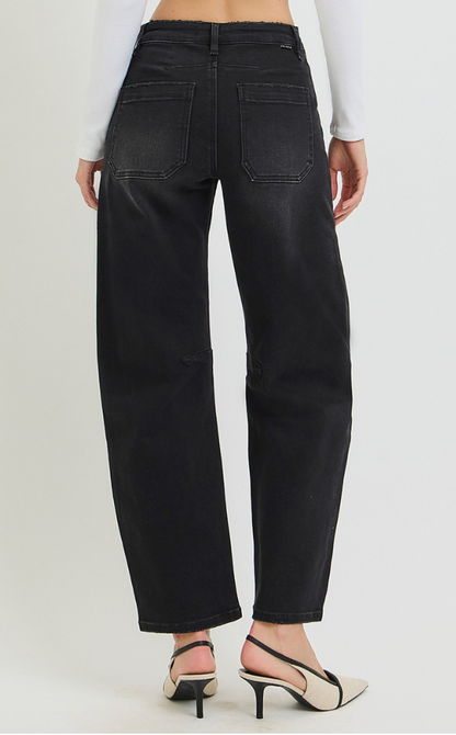 Risen Black Patchy Pocket Barrel Jeans