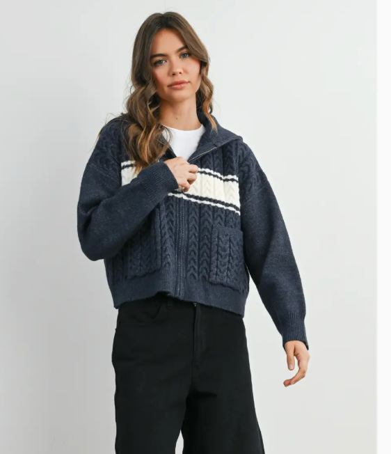Navy Colorblock Zip Knit Jacket