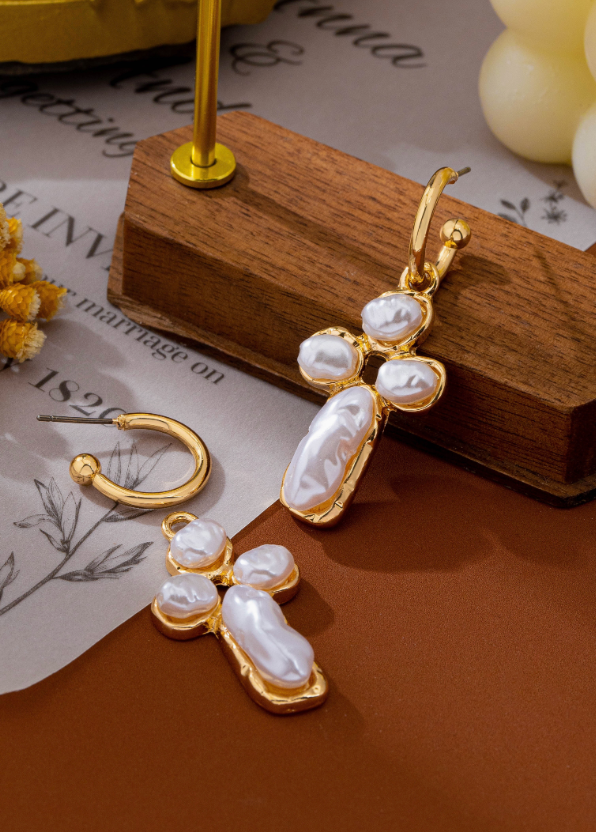 Pearl Cross Huggie Earrings