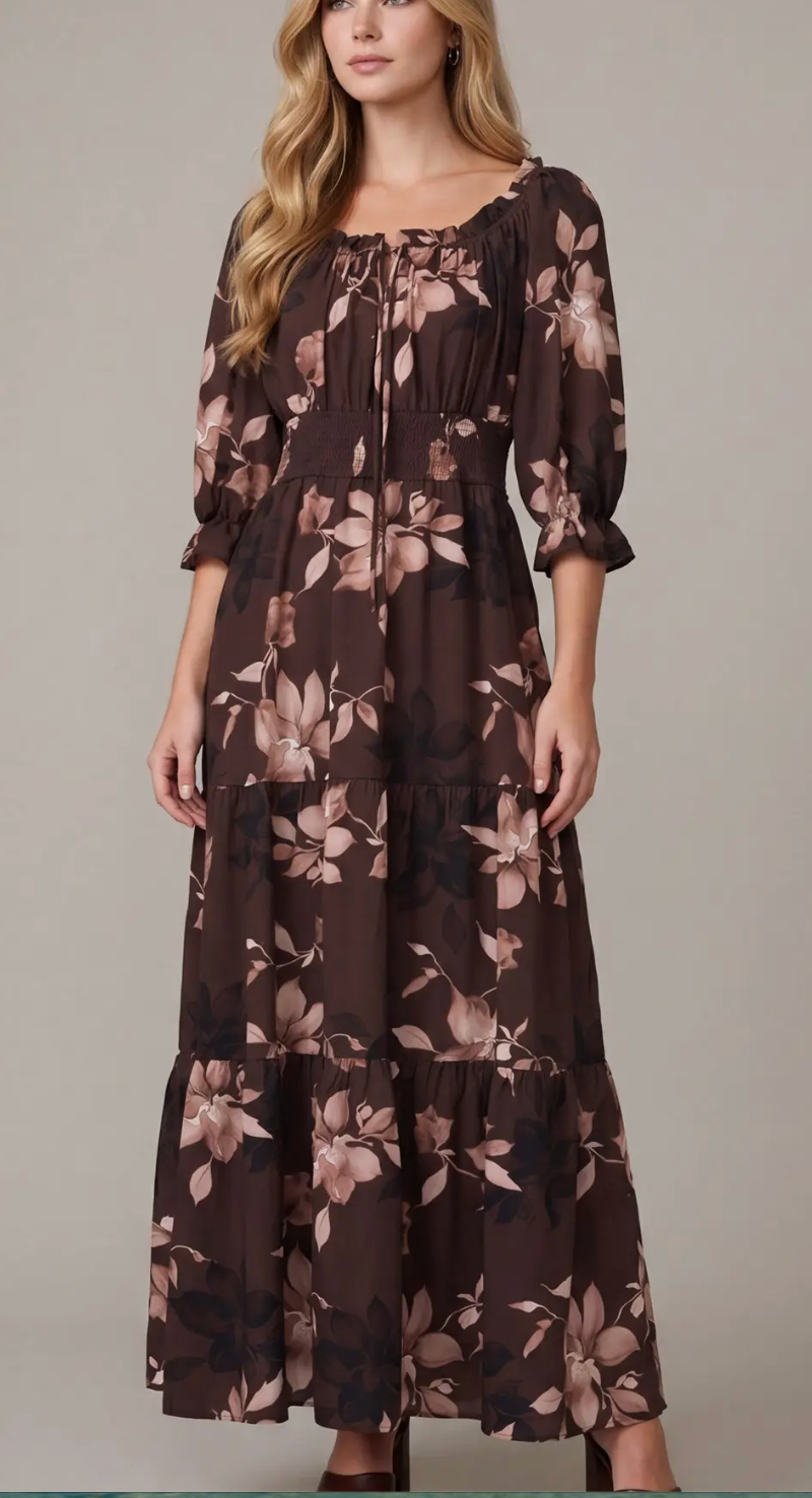 Brown + Mauve Floral 3/4 Sleeve Dress