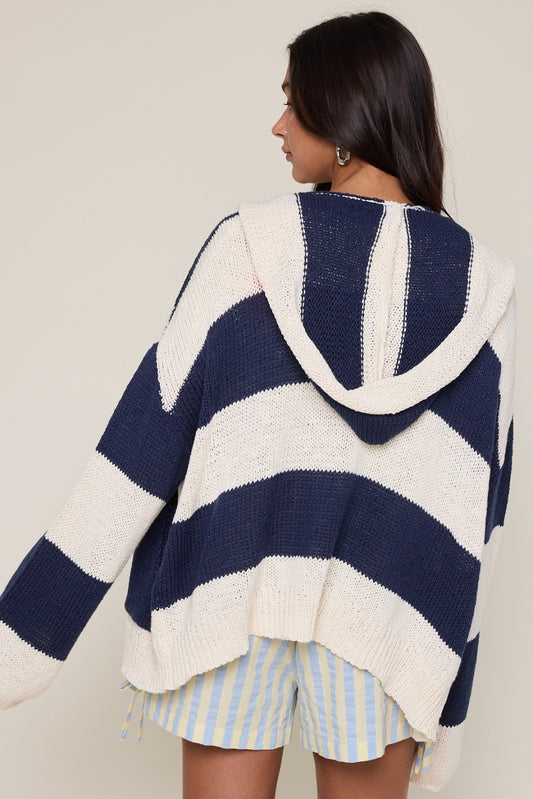 Navy Stripe Hooded Cardigan